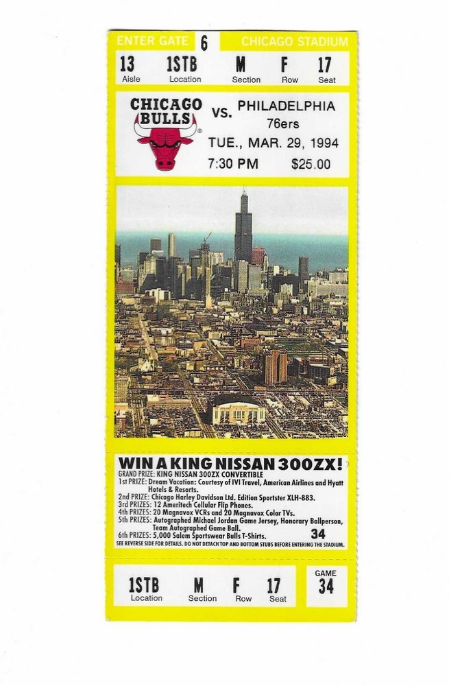 Chicago Bulls vs Philadelphia 76ers Unused Basketball Ticket From 3/29/1994