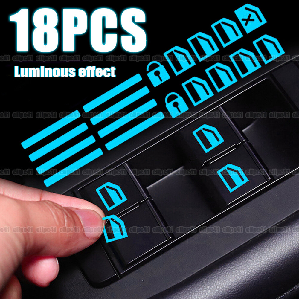 18Pcs Blue Luminous Sticker Car Interior Window Door Switch Sticker Accessories