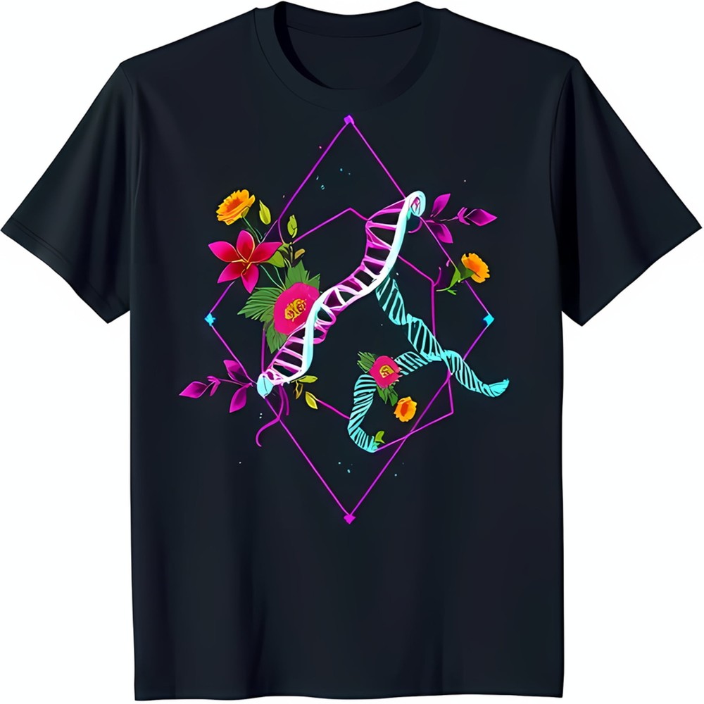 Vibrant Black T-Shirt with Abstract DNA Floral Graphic Modern Art Design-image