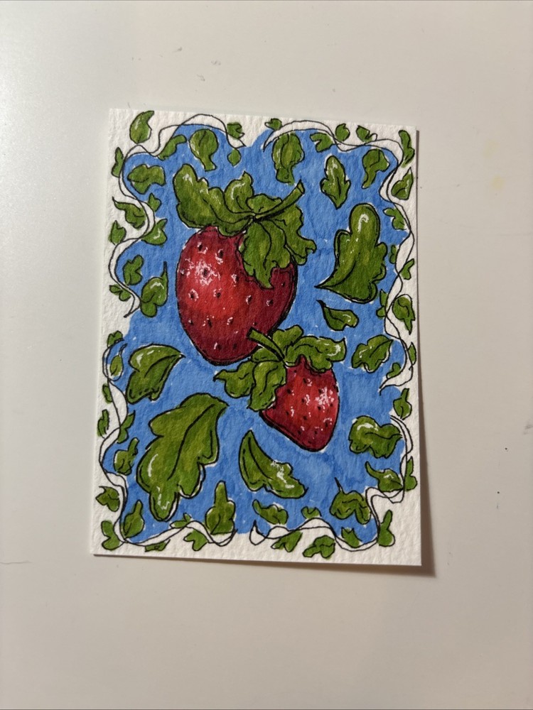 ACEO Original Drawing Of Strawberries On Paper By Janie 2.5x3.5