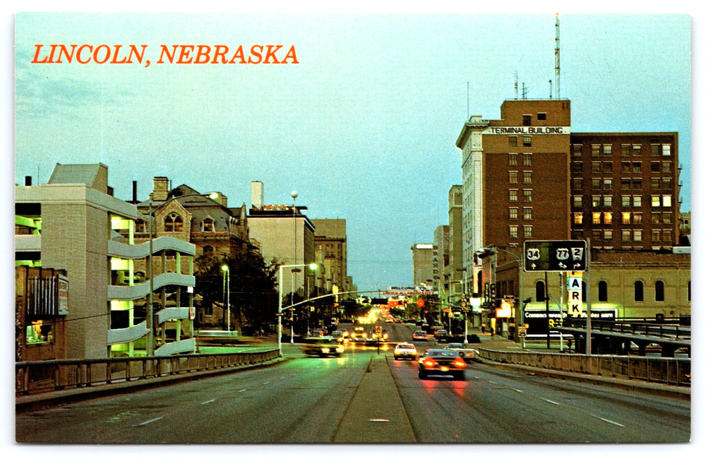 Lincoln Nebraska Business District Street View Cars Signs Vintage Photo Postcard
