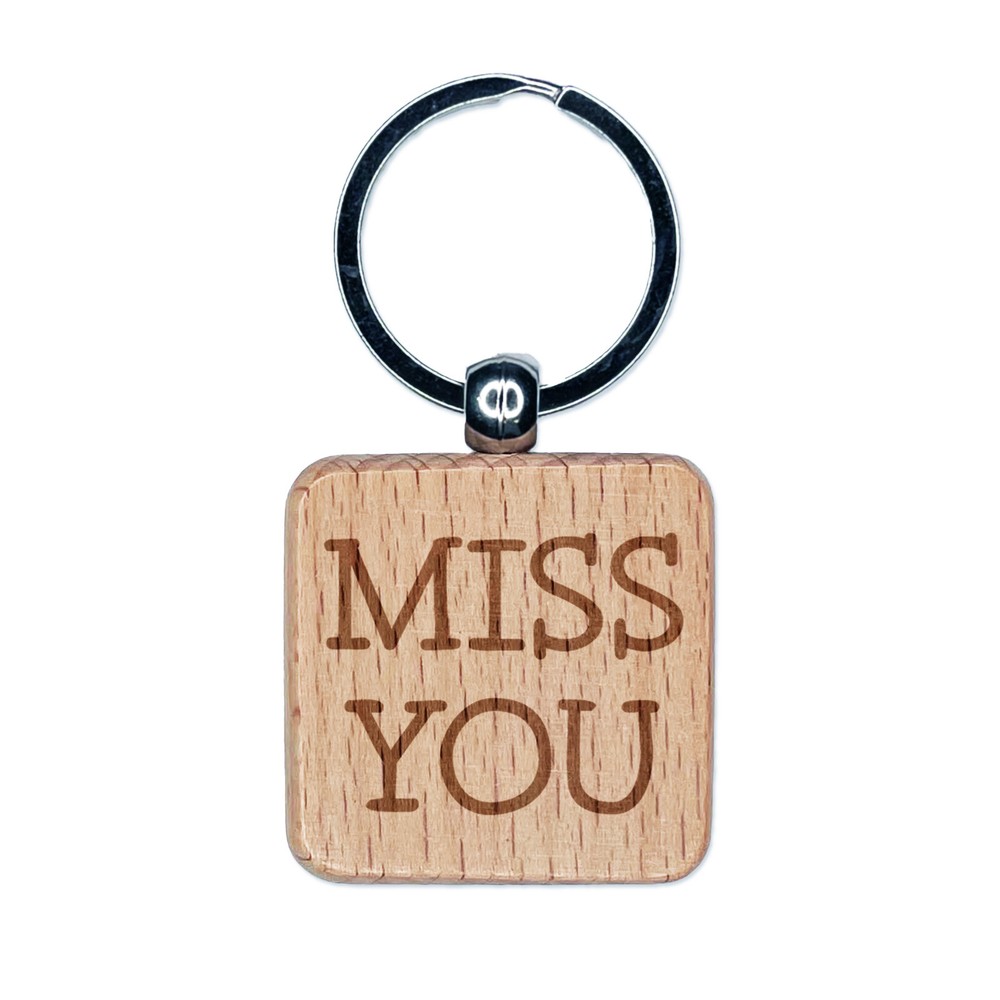 Miss You Fun Text Engraved Wooden Square Keychain Charm Gift
