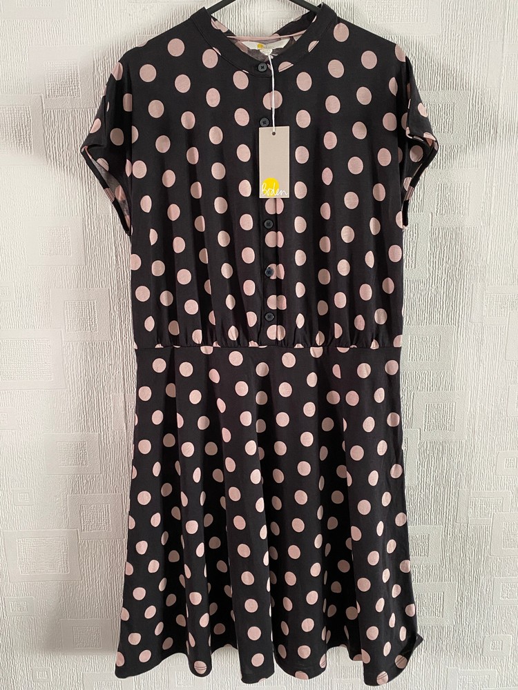 BODEN black with  pink spot  flippy  jersey summer  DRESS  size 12R   NEW. D0259