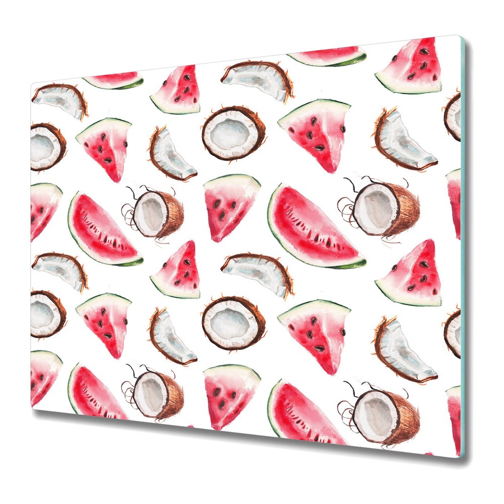 Glass Worktop Kitchen Chopping Board Watermelon & Coconut Exotic Fruits 60x52