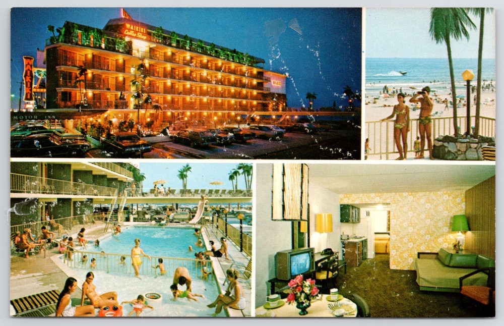 NJ Wildwood Crest Waikiki Motor Inn Wisteria and Beach 1974 Chrome Postcard