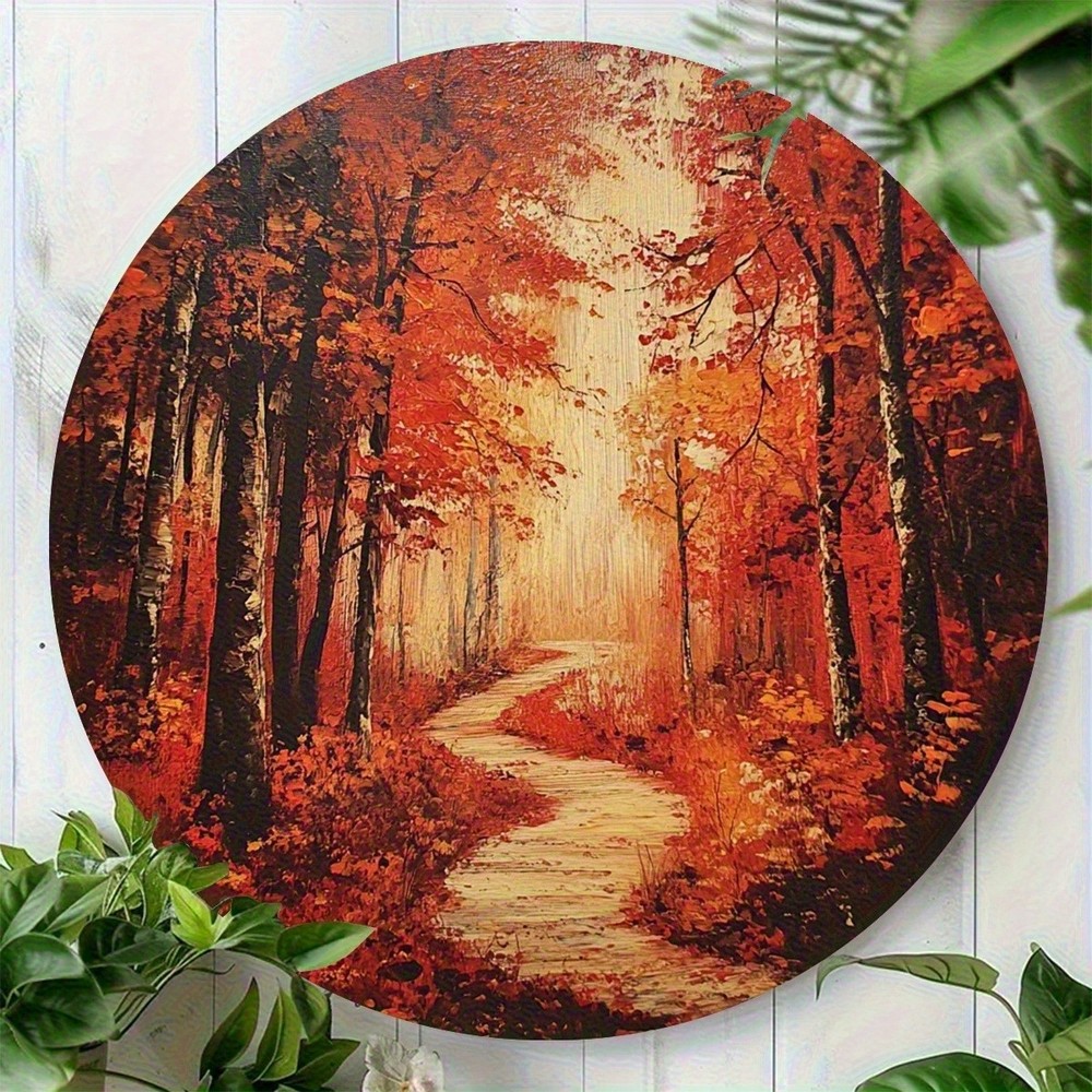 Vintage Autumn Forest Scene Round Aluminum Art Fall Leaves