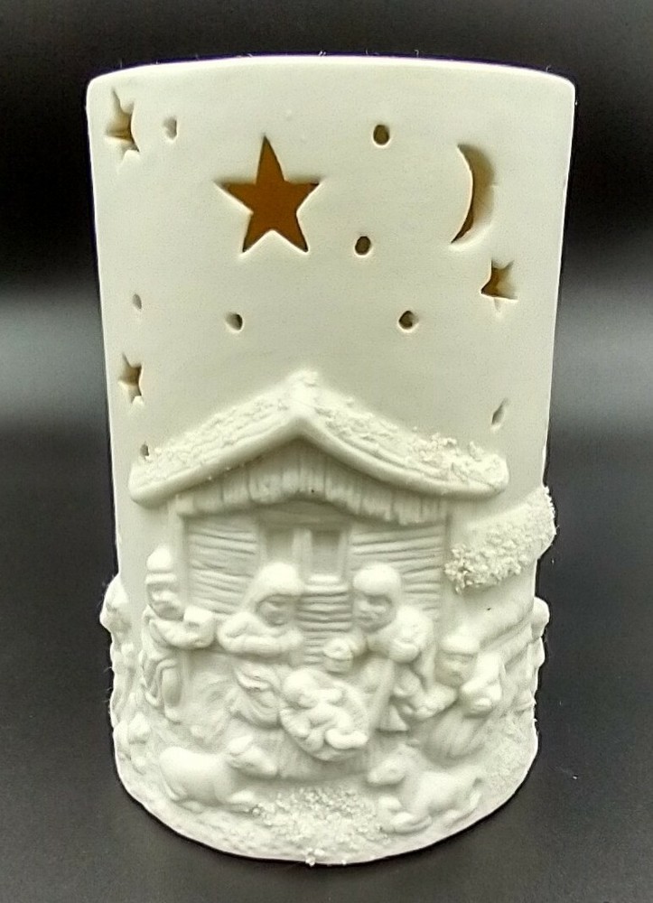 Nativity Christmas Accent Light Ceramic Bisque Cylinder Electric Cord Vintage-image