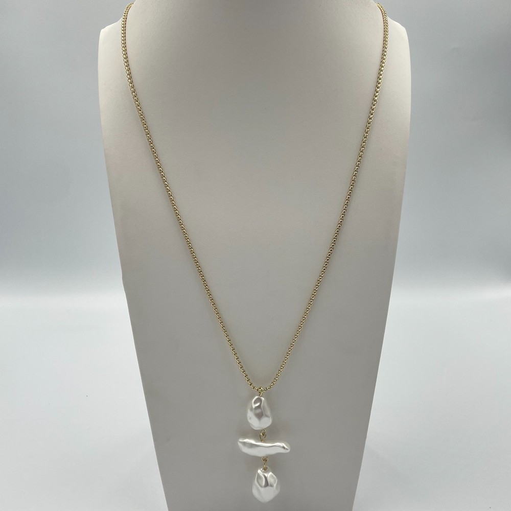 VTG Modern Y2K Gold Tone Faux Baroque Pearl Tiered Drop Pendant Necklace Retro
