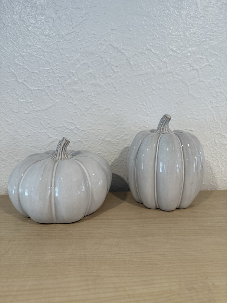 Small White Ceramic Pumpkins Decorative (qty 2) Table Decor Fall Autumn 4” NEW