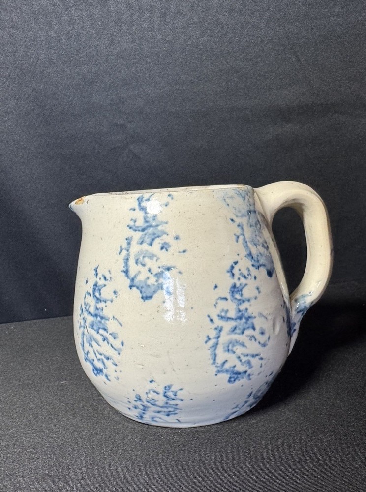 Antique Blue And White Stoneware Spongeware Squat Pitcher Salt Glaze 5”