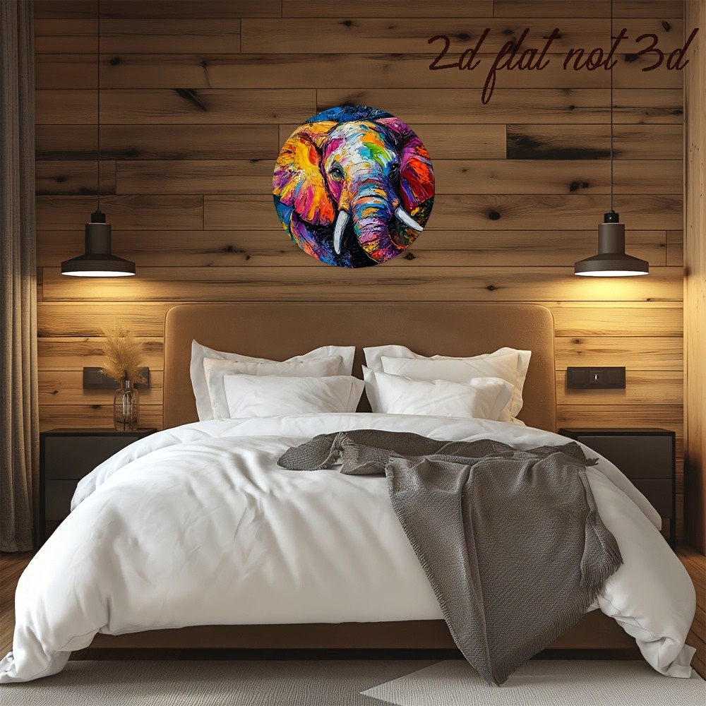 Colorful Elephant Abstract Animal Painting Round Metal Wall Decoration