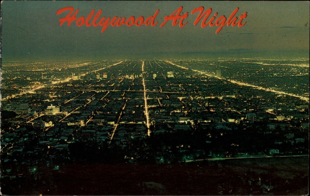 Los Angeles California Hollywood night view from Griffith Park vintage postcard