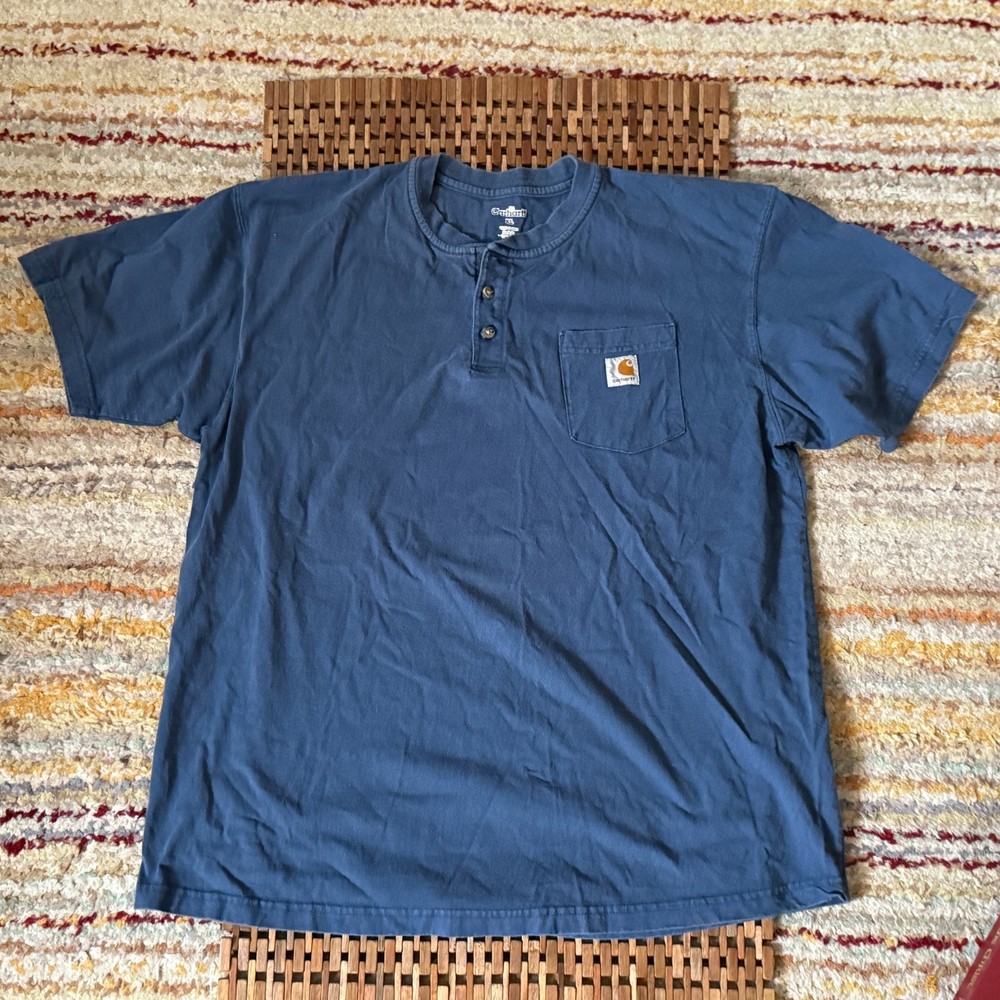 Carhartt Henley Square Logo Pocket Tee T Shirt Heavy Weight Blue Men's XL