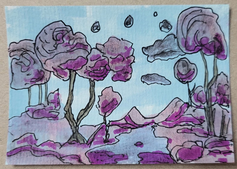 Original ACEO Abstract Watercolor Art Card Cotton Candy Forest 2.5x3.5-image