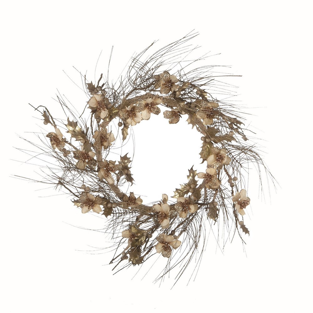 Wreath Gold Glittered Flower & Holly Romantic  22
