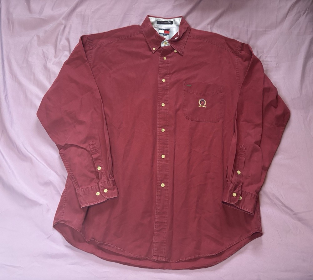 Vintage Tommy Hilfiger Button Down Dress Shirt Mens XL Red Crest Logo Preppy 90s