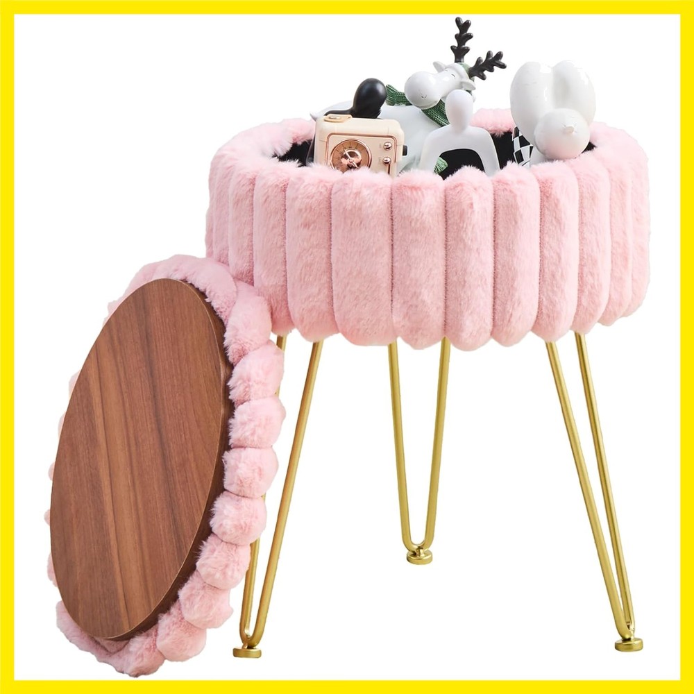 Vanity Stool with Storage, Faux Fur Ottoman Chair with Metal Legs, Round Make...