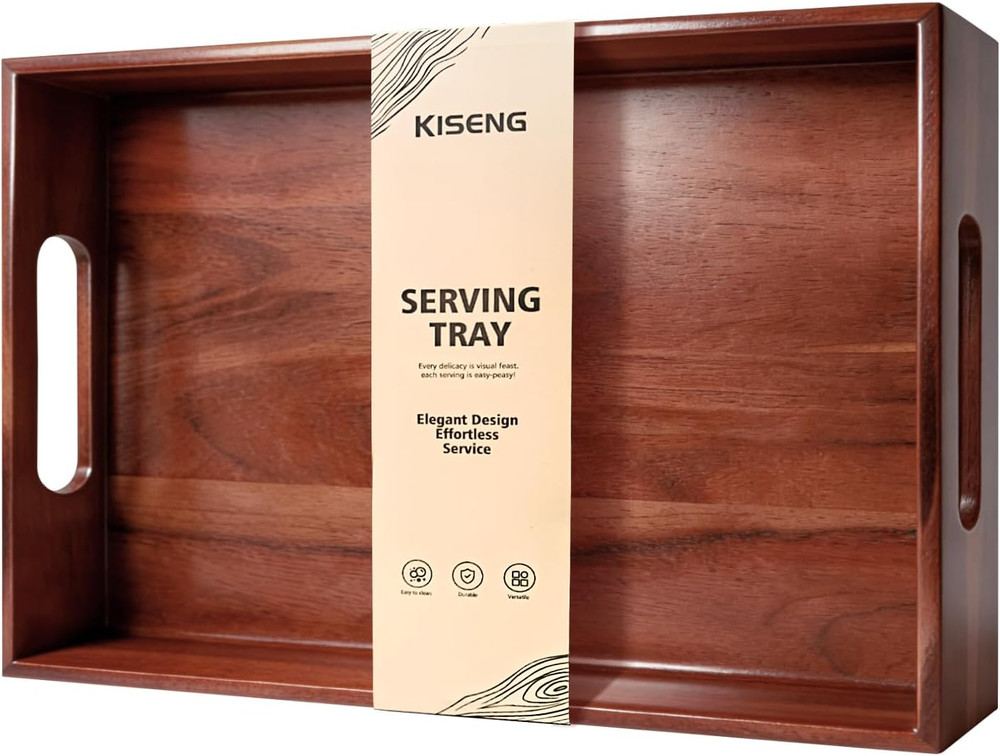 Acacia Wood Serving Tray with Handles, 17 X 12 Inch Large Wooden Tray for  & Dri