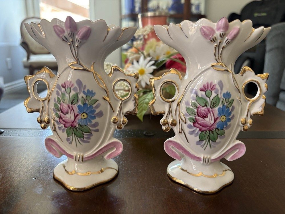 Vintage Pair Japan Porcelain Hand Painted Floral Vases, White w/ Gold Trim (2)