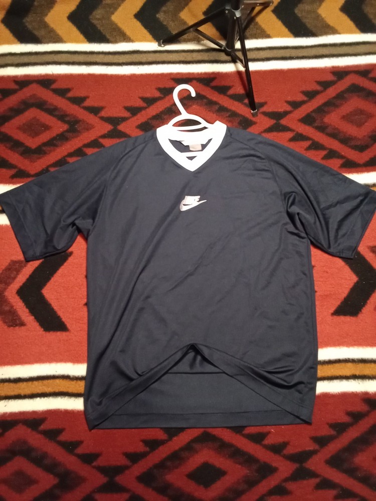 VTG Nike Center Swoosh Men's XL Embroidered V Neck Shiny T-Shirt Navy Blue Y2K