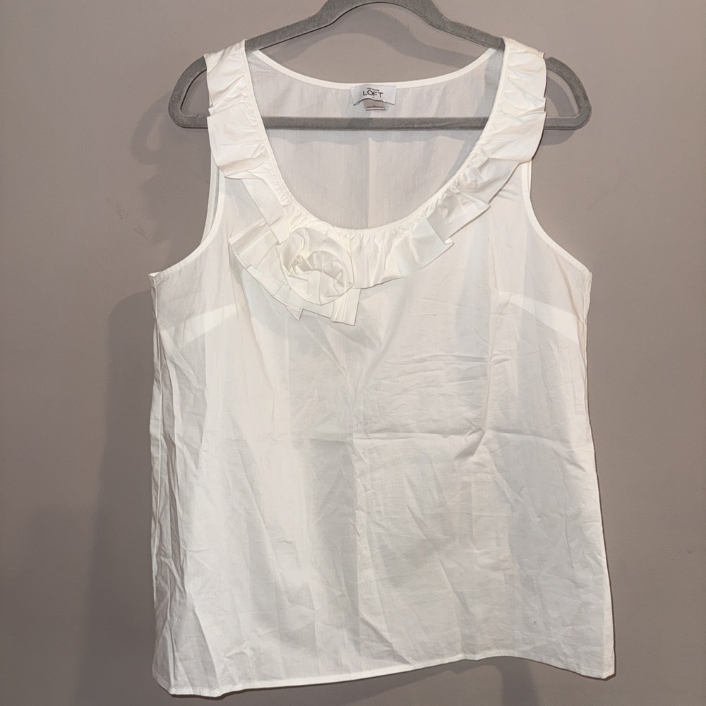 Loft Womens Size Large White Ruffle Classic Shirt Top Blouse