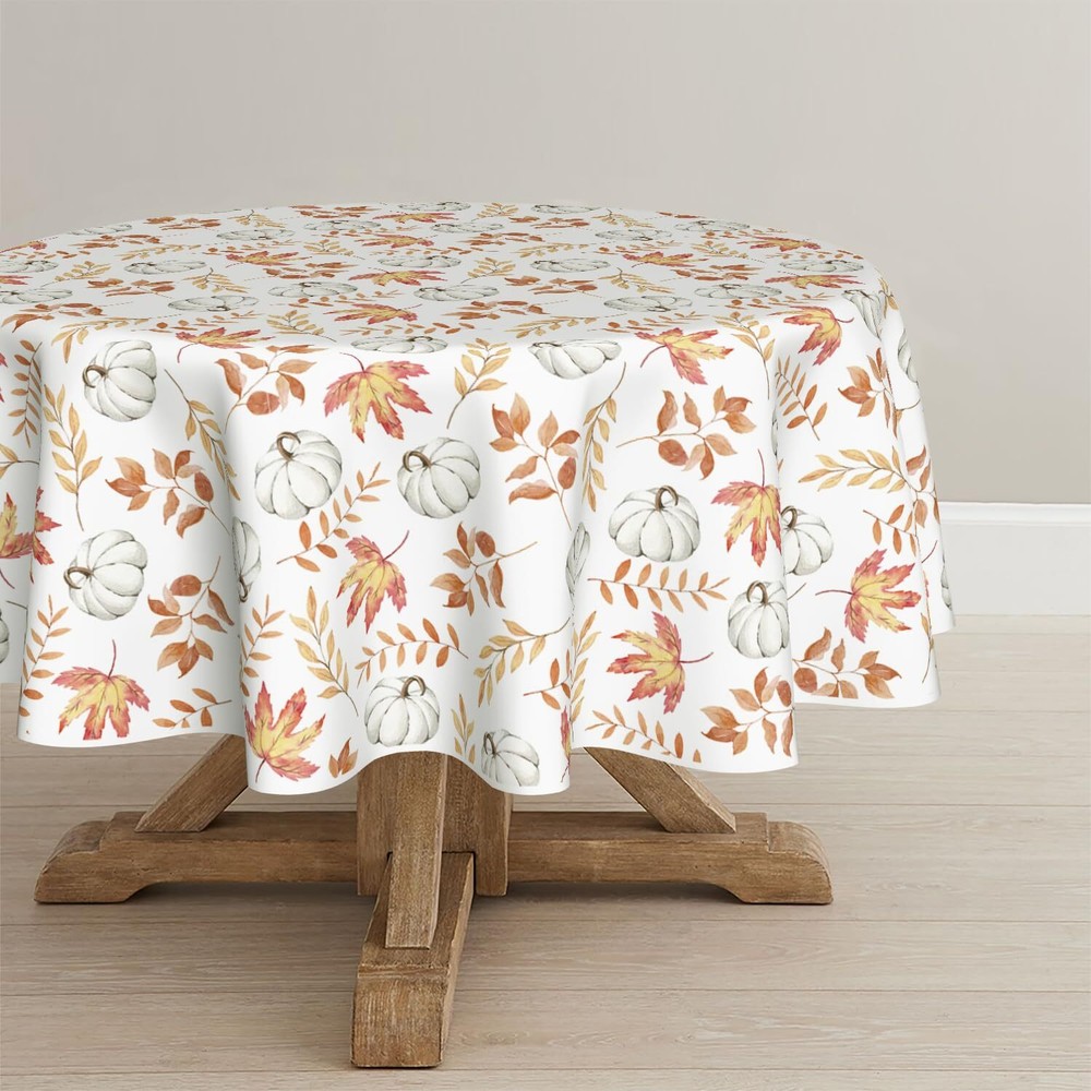 Horaldaily 90x90 Inch Round Fall Tablecloth for Thanksgiving Autumn Harvest in White