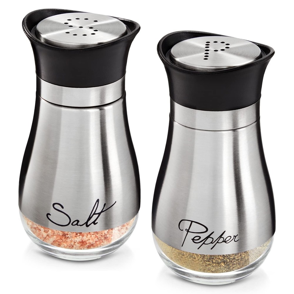 Stainless Steel Salt and Pepper Shaker Set with Glass Bottom, 4 Inch, Silver