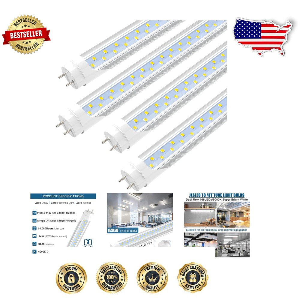 Bright 4FT LED T8 Bulbs 24W Equivalent - Durable Shatterproof Design, 4-Pack