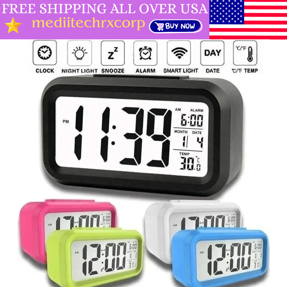 LED Digital Alarm Clock Snooze Backlight Calendar Time Display Table Desktop