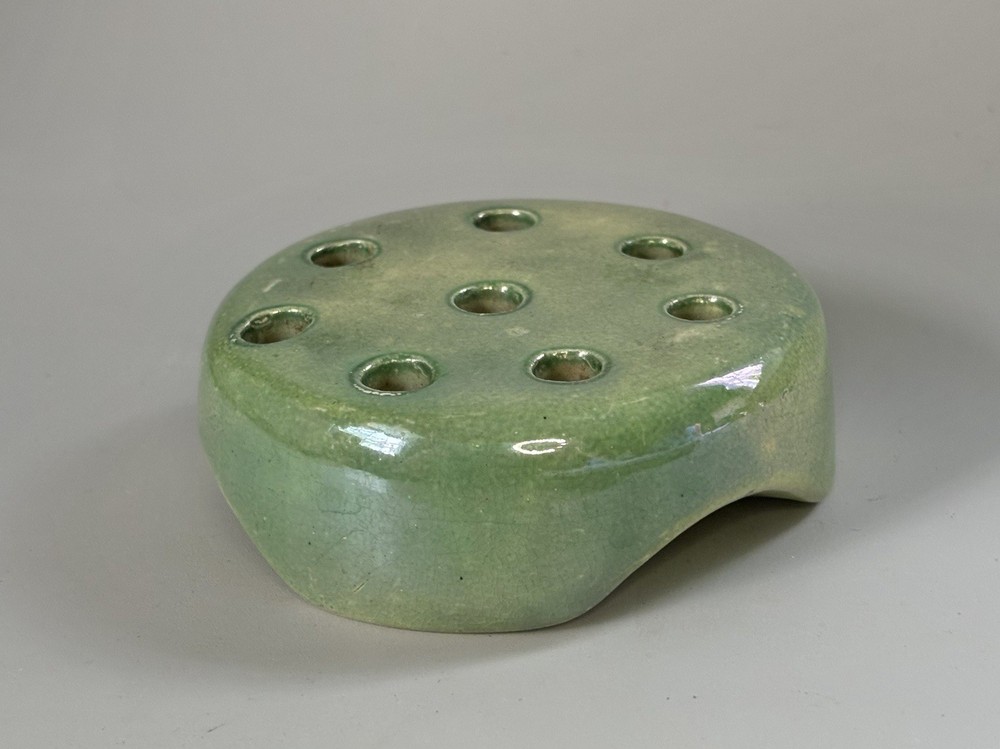 Beautiful Green Iridescent Pottery Flower Frog Made By Weller