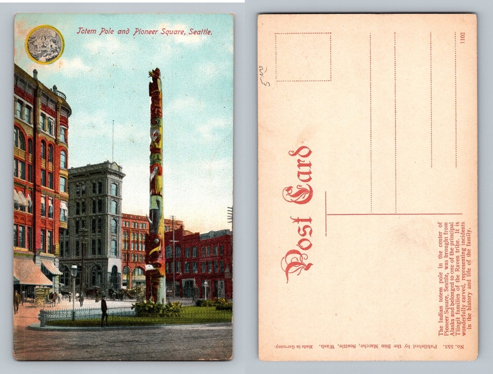 Seattle, WA-Washington Totem Pole Pioneer Square Downtown Scene Vintage Postcard