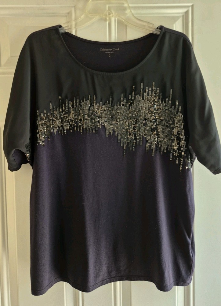 COLDWATER CREEK Knit Top - L (14) - Scoop Neck, Short Dolman Slvs, Sequin Trim