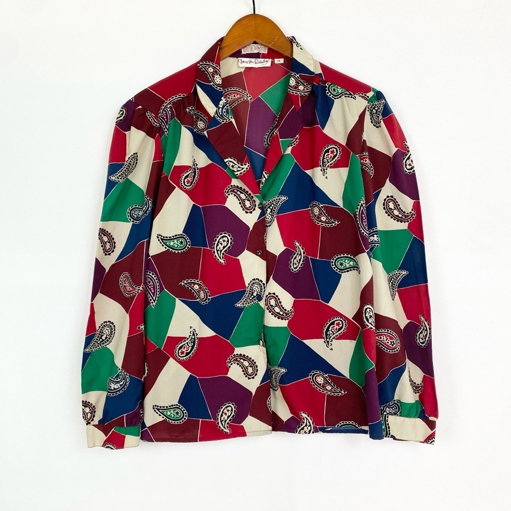 Diane Von Furstenberg Vintage Geometric Button Down Collared Long Sleeve Sz 14