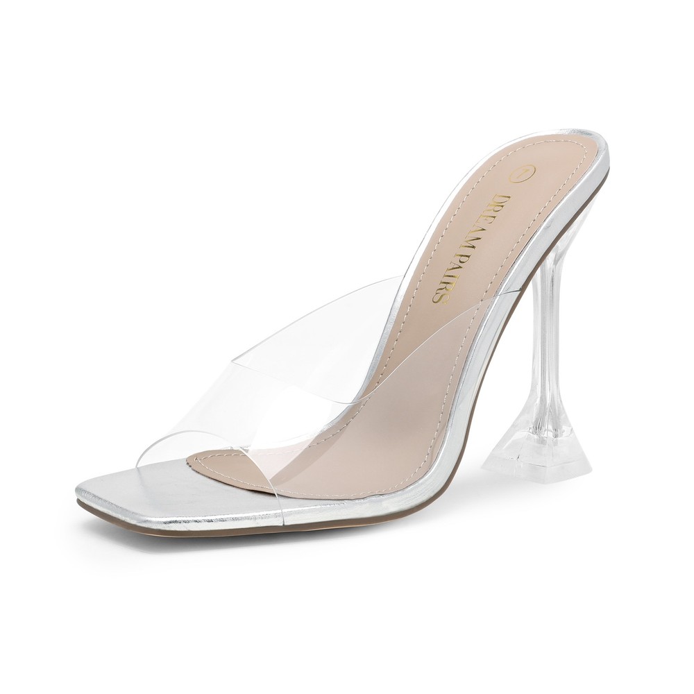 Women Clear High Heel Sandals Square Open Toe Slip On Mule Sandals Shoes