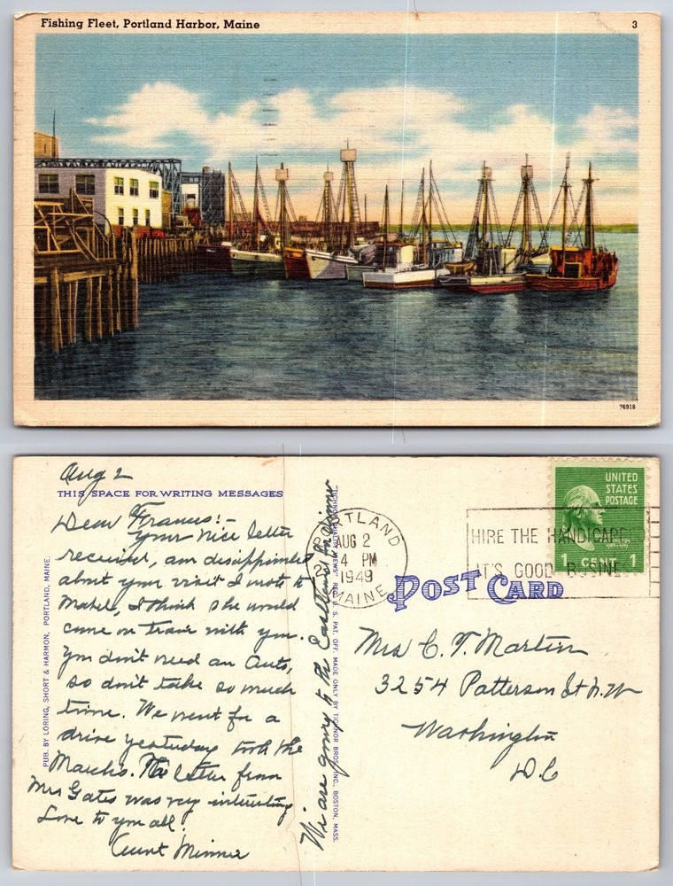 1949 Portland Maine Fishing Fleet Harbor Boats Linen Postcard Tichnor Quality
