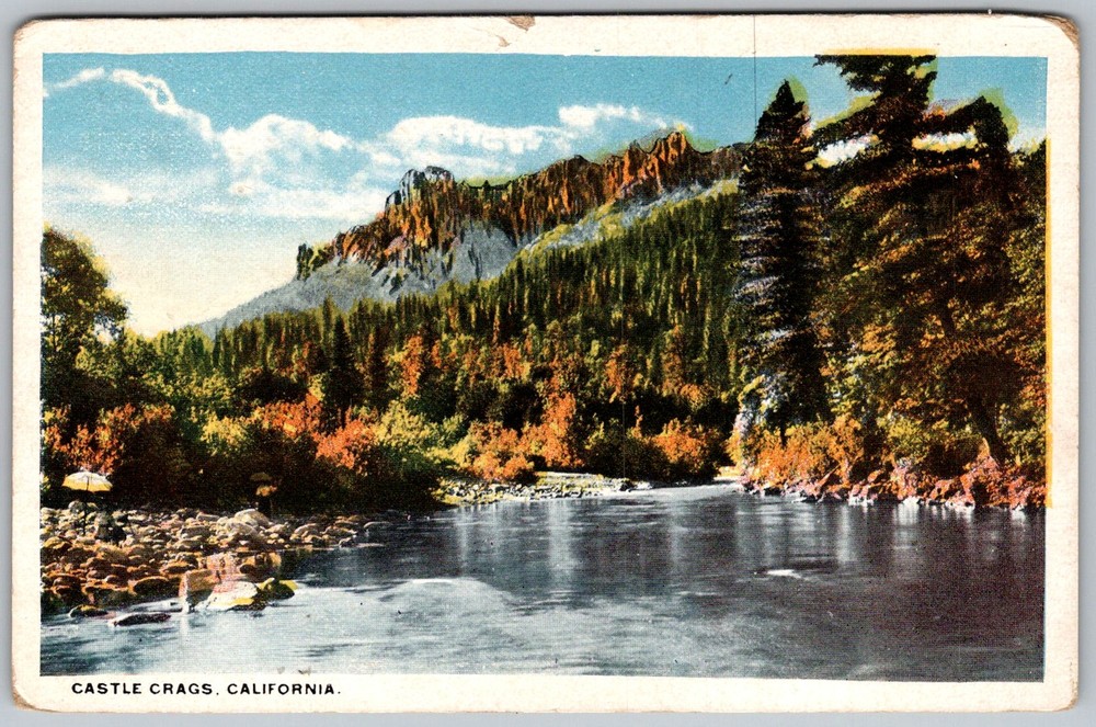 Vtg Postcard Siskiyou Mountains River View Castle Crags, CA 1930s