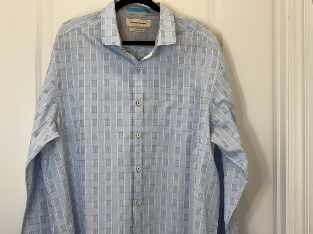 Tommy Bahama Island Modern Fit Shirt 100% Linen Men's XXL Blue Plaid Long Sleeve