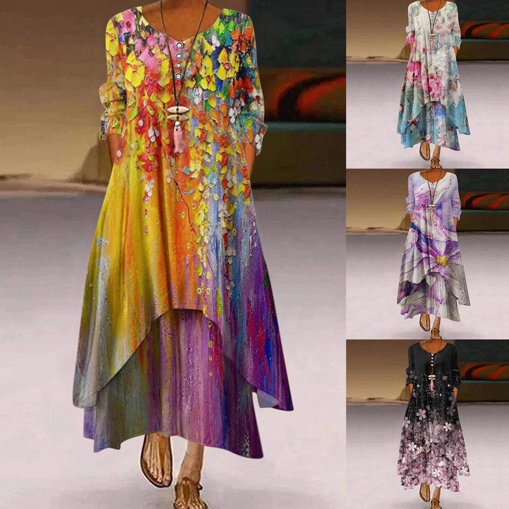 Women Plus Size Print Loose Long Maxi Dress Oversize Bohemian Summer Beach Dress