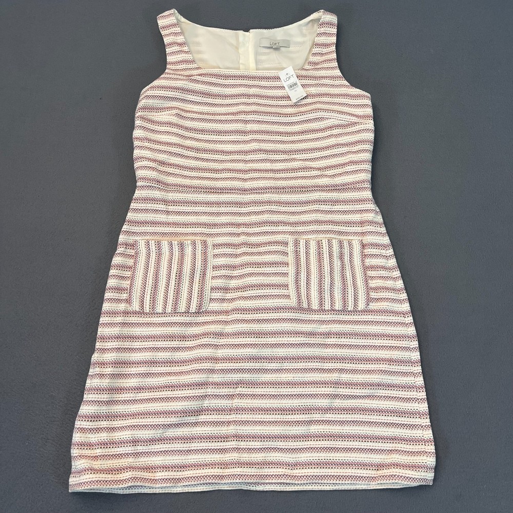 Loft Women's Pink White Striped Textured Pocket Sheath Dress Size 14 Tweed NWT