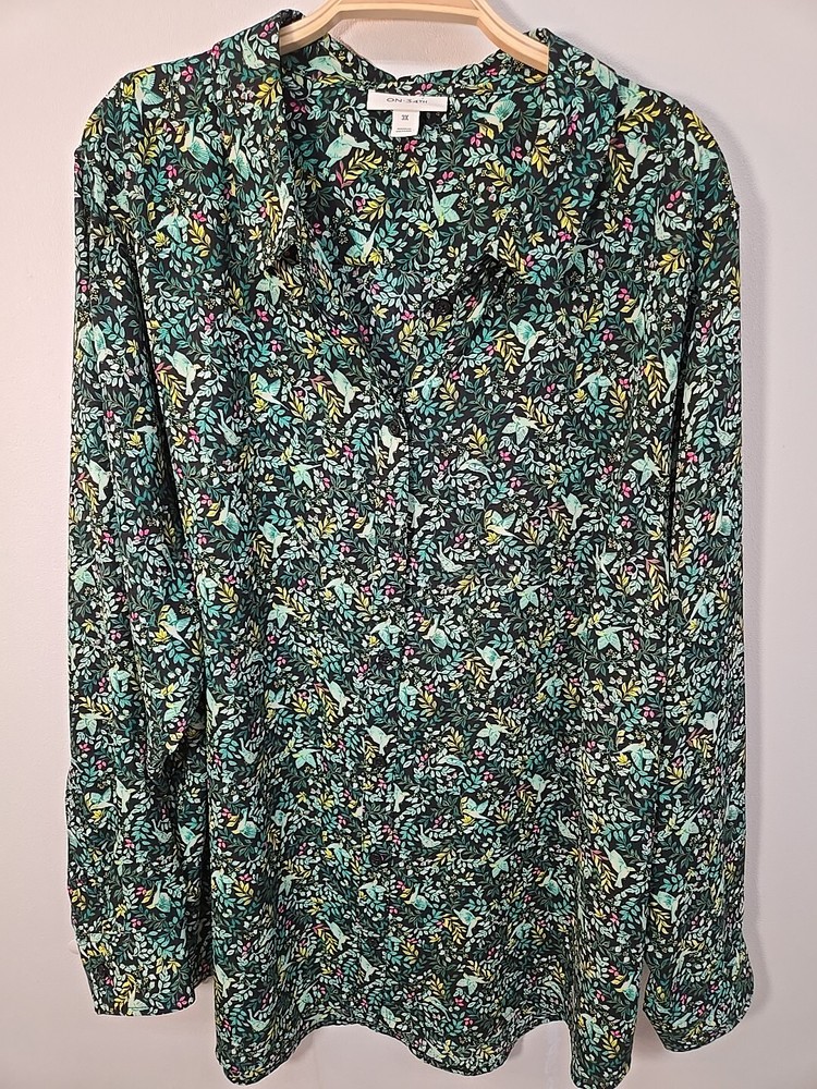ON-34TH Women's Button Down Blouse Size 3X Bird Print Long Sleeve
