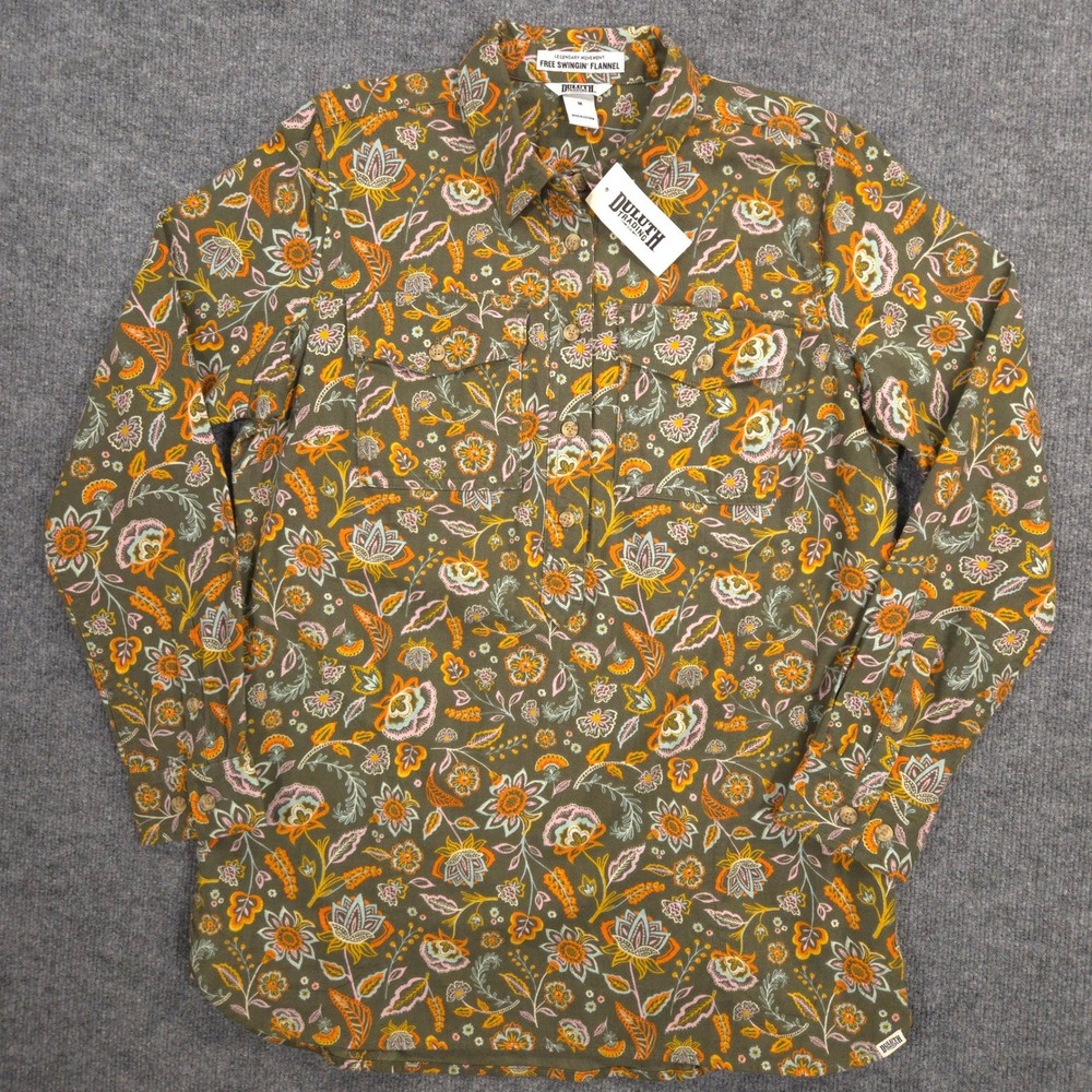 Duluth Trading Free Swingin Flannel Tunic Womens M Floral Print Pockets NEW