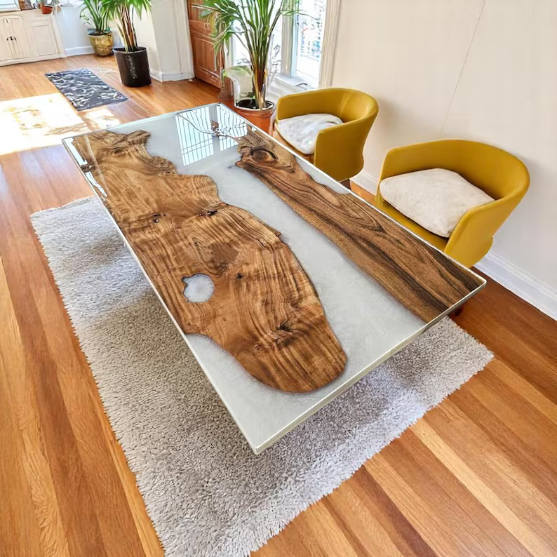 Acacia Wood Epoxy Resin Countertop – Mid Century Modern Dining Table & Console-image