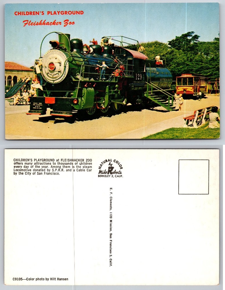 Vintage Fleishhacker Zoo Postcard San Francisco Steam Locomotive Cable Car