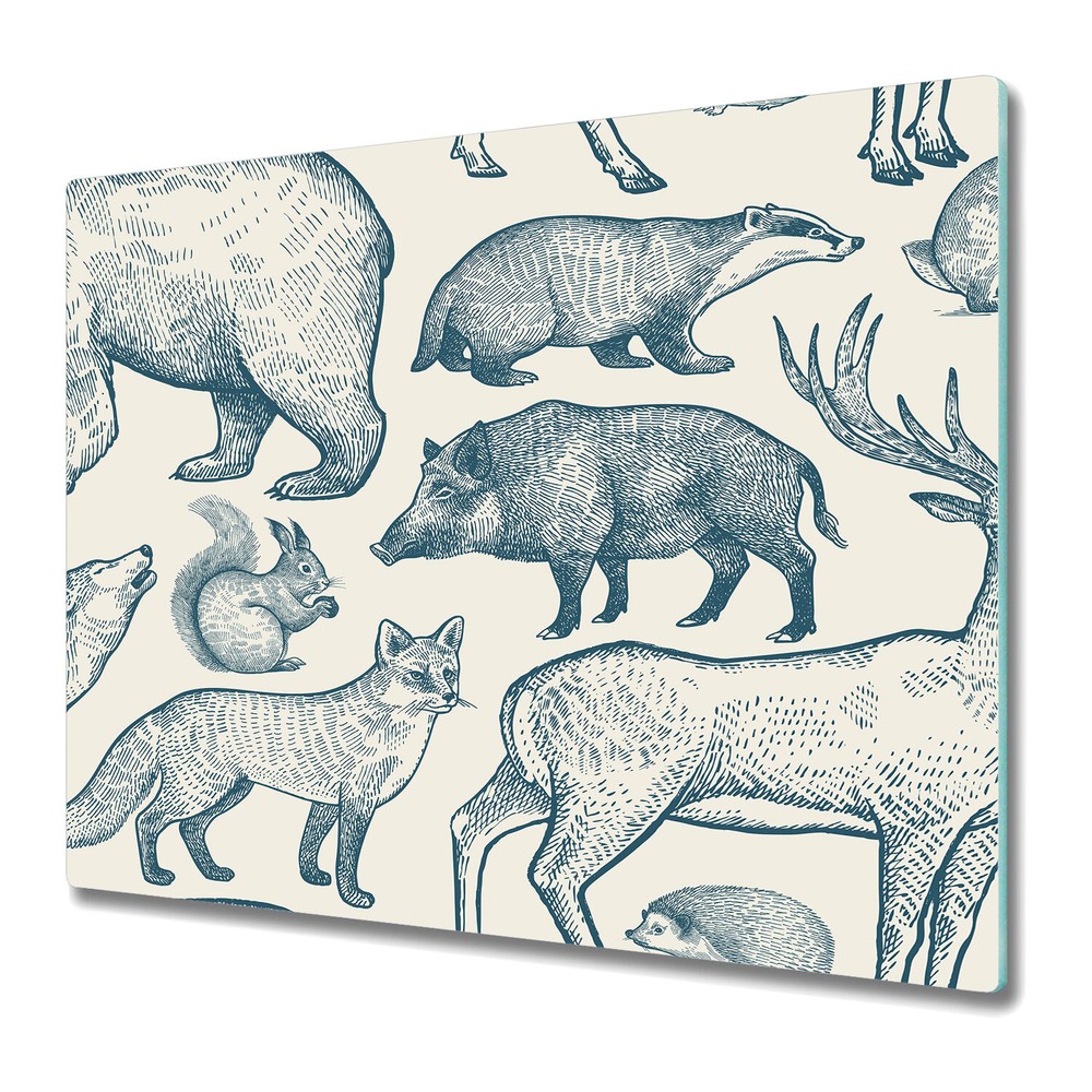 Glass Chopping Board Worktop Saver Forest animals blue and beige 60x52