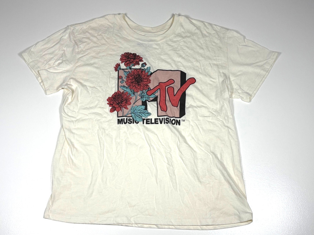 MTV Womens T Shirt XL Cream Graphic Floral Logo Music Television Crew Neck