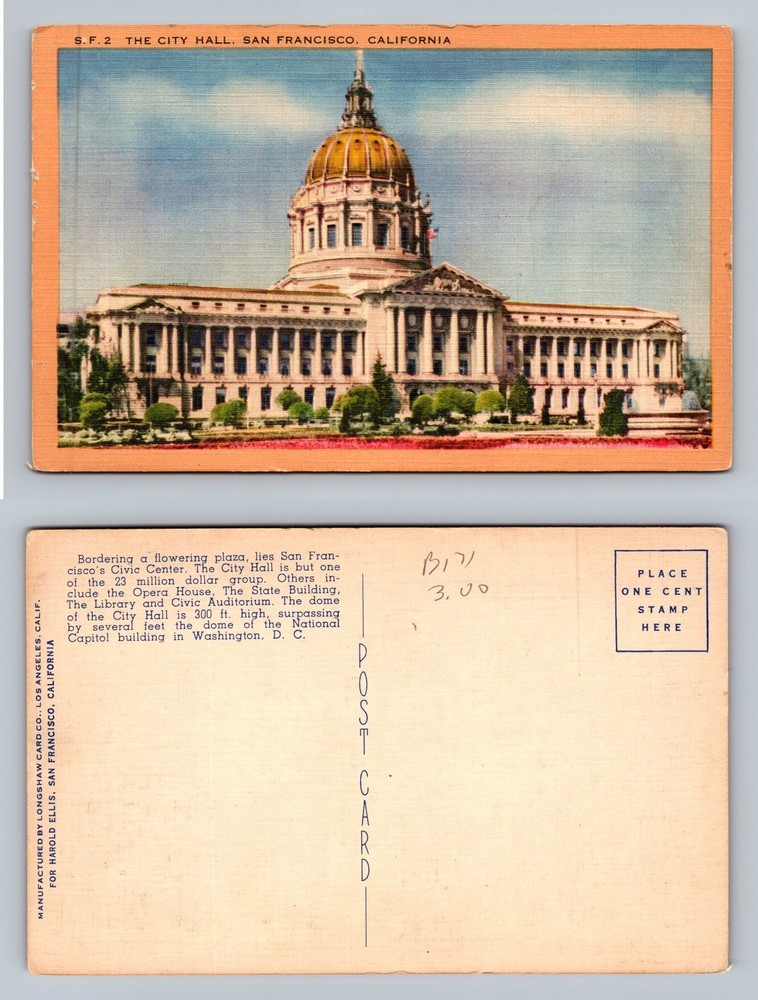 San Francisco, CA-California, City Hall Dome Scene PC Souvenir Vintage Postcard