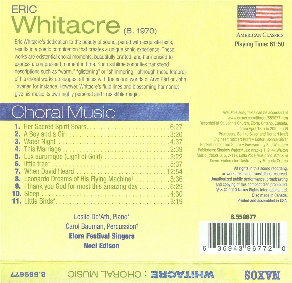 Elora Festival Singers/Noel Edison Eric Whitacre: Choral Music New Cd