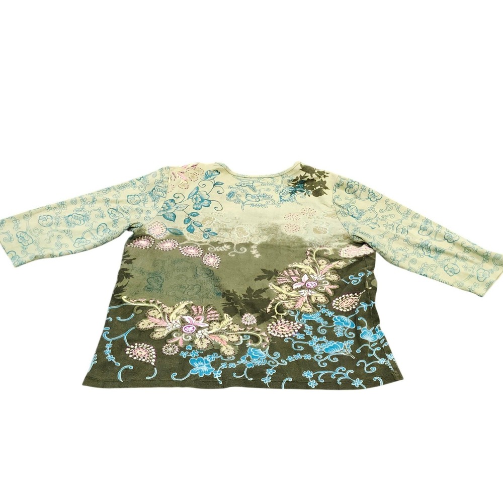 Dressbarn Womens 2X Green Floral Paisley Beaded V-Neck 3/4 Sleeve Top