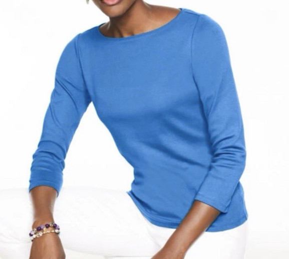 Talbots 100% Pima Cotton Bateau Neck Tee 3/4 Sleeve Blue T Shirt Petite 1X
