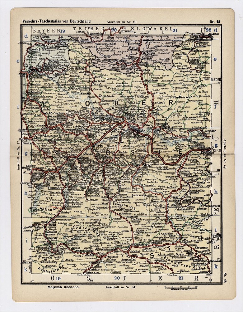 1930 Original Vintage Map Of Upper Austria / Linz Steyr